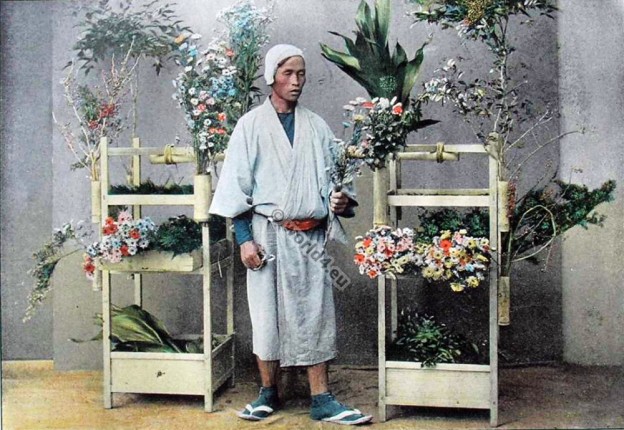 Flower seller. Old japan costume in 1895. Traditional Japan costumes.