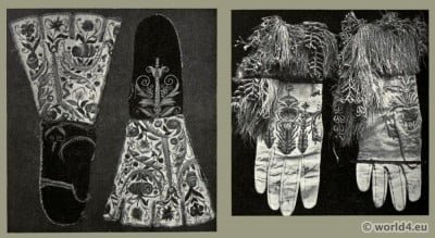 Gauntlets, gloves. Renaissance clothing. Tudor fashion. Embroidery 16th century.
