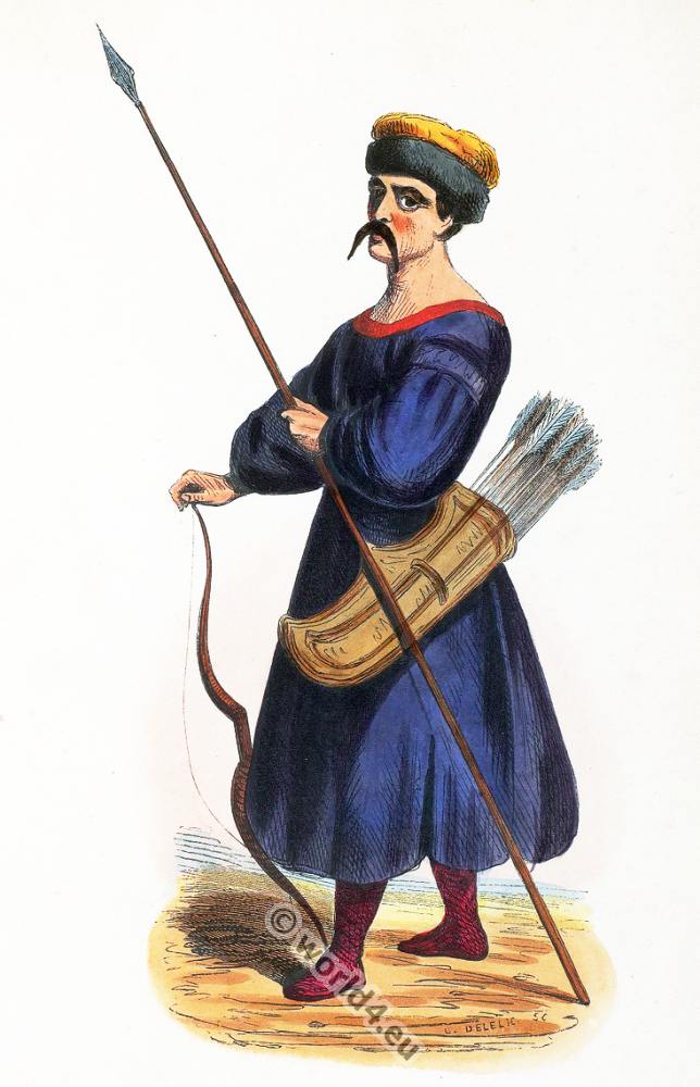 Kalmyk soldier costume, armed with bow, arrows and spear.