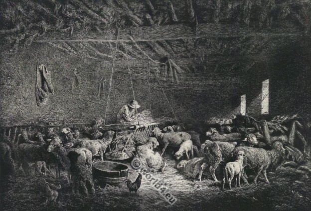Shepherd in the sheep stable by Charles Jacque. 