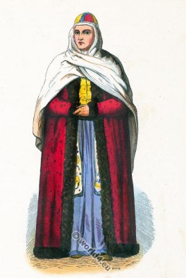 Tatar woman costume. Traditional Tomsk Siberia clothing.
