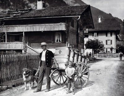Swiss milkman costume. Traditional Switzerland folk dress. 