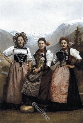 Switzerland traditional costumes. Swiss folk dresses. Dirndl clothing