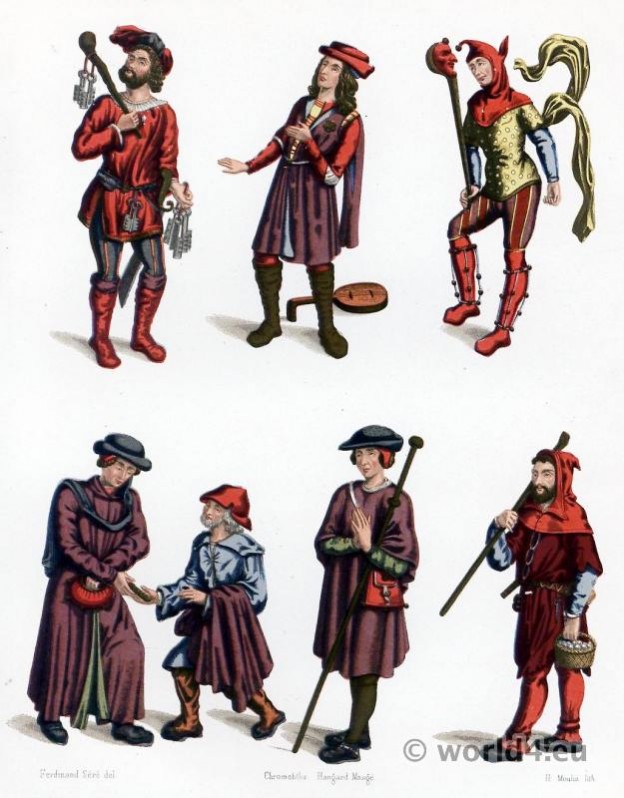 15th century costumes. Gothic medieval france. Jailor costume; Menestrel costume, Fool costume, Bourgeois costume, Beggar costume, Pilgrim costume, Shepherd costume.