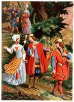 French Farmer and villager, maid, fiddlers in 15th century.