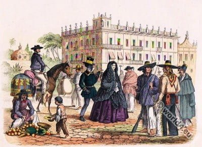 Traditional Mexico national costumes. Mexican street scene.