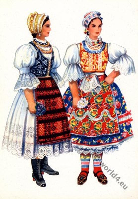 Serbian national costumes from Vojvodina, Bačka Topola. Balkans folk dresses