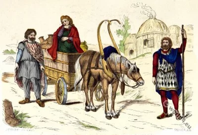 Celtic. Gauls Costume History. Gallic habitation. Merovingian. Chariot.