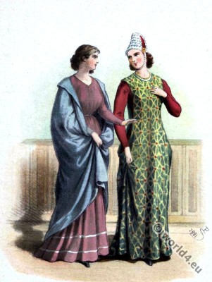 Medieval Spain clothing. 13th century fashion. Nobility costumes. Middle ages.