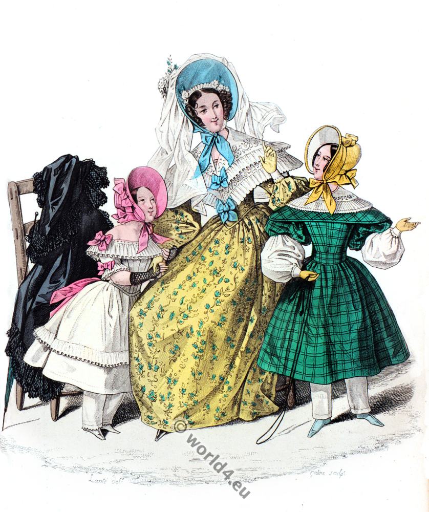 Pelerine with little silk hat. Romantic era costume 1836.