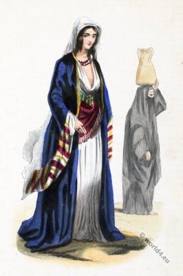 Arabia Egypt, Cairo. Rich woman, woman of the people. Historical clothing.