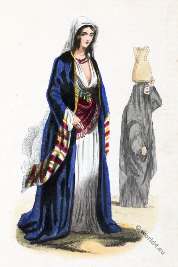 Arabia Egypt, Cairo. Rich woman, woman of the people. Historical clothing.
