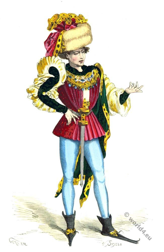 Middle ages stylish fashion. 15th century costume. Burgundy dress,
