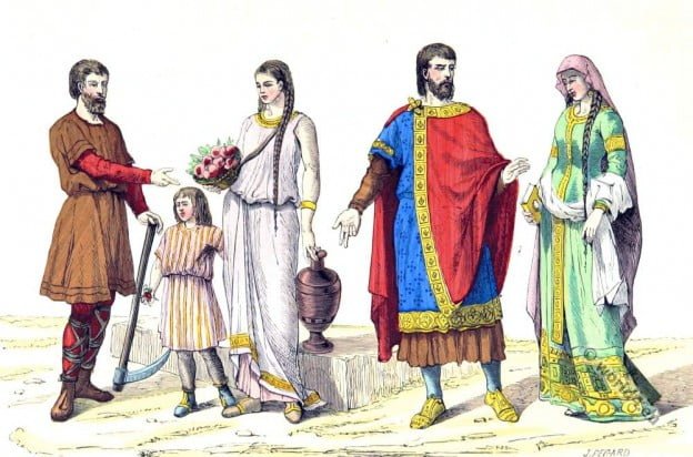 Ploughman, Clothing, costumes French family laborers - Noble family 5th century. Celtic, gaul, merovingian