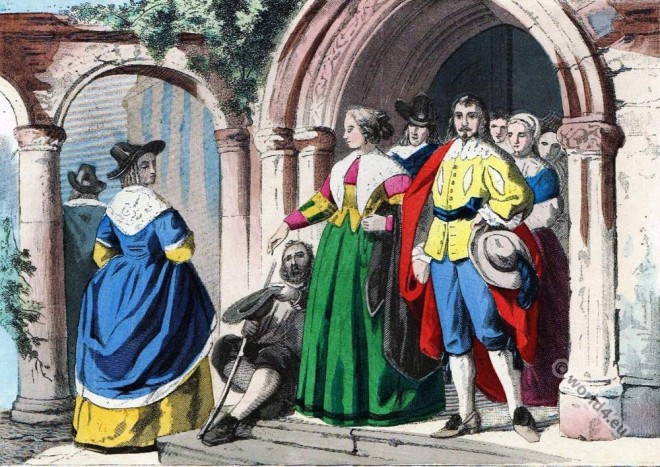 Baroque era fashion. England commonality dresses. Charles I.