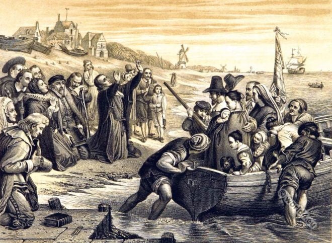 Mayflower pilgrim fathers. England Tudor era.