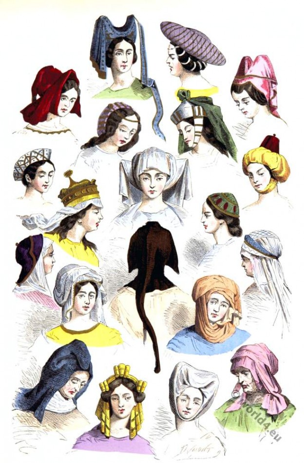 Medieval, hats, hairstyles, 15th, 16th century, Burgundy, Gothic, fashion, history,