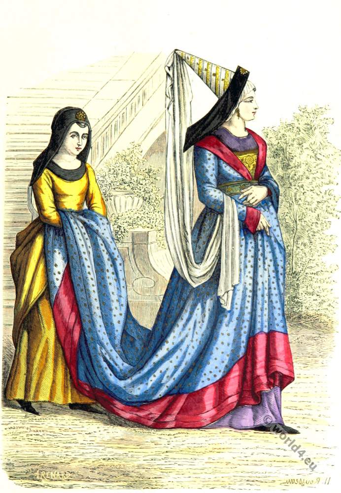 Medieval Bourgeois of Paris and her maid. 15th century costumes.