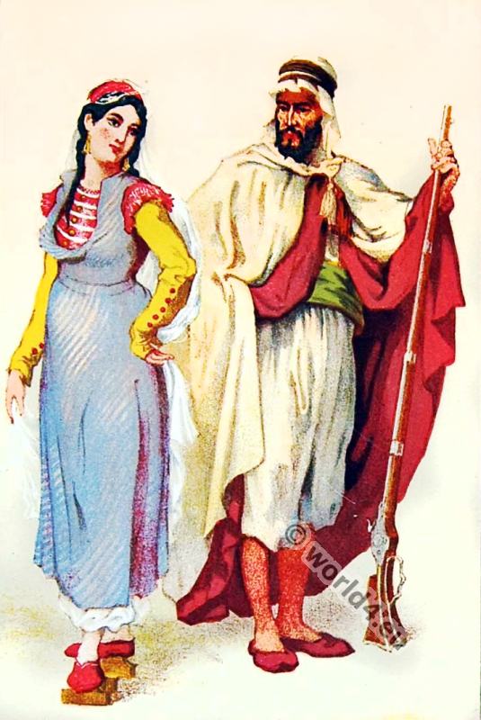 A Georgian girl in traditional dress and a Bedouin in Burnus with gun.