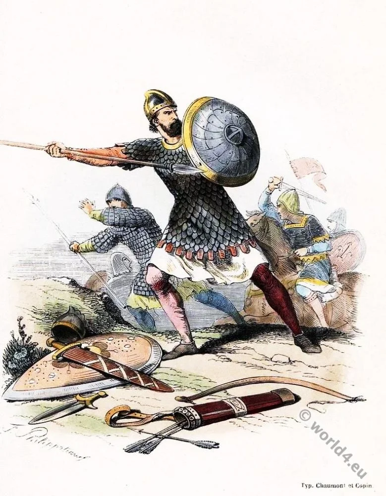Brigandine. French infantry warrior. Middle ages soldier. 10th century military.