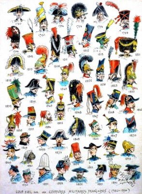 French military hairstyles and helmets. 18th century uniform.
