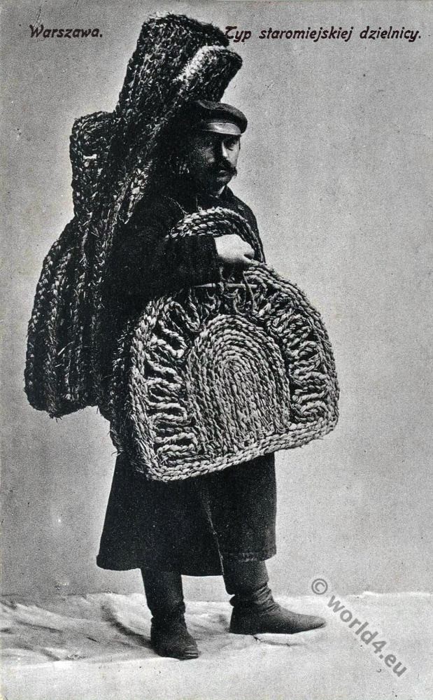 Jewish basket weavers. Jew Warsaw, Poland. Jewish traditional clothing and costumes.