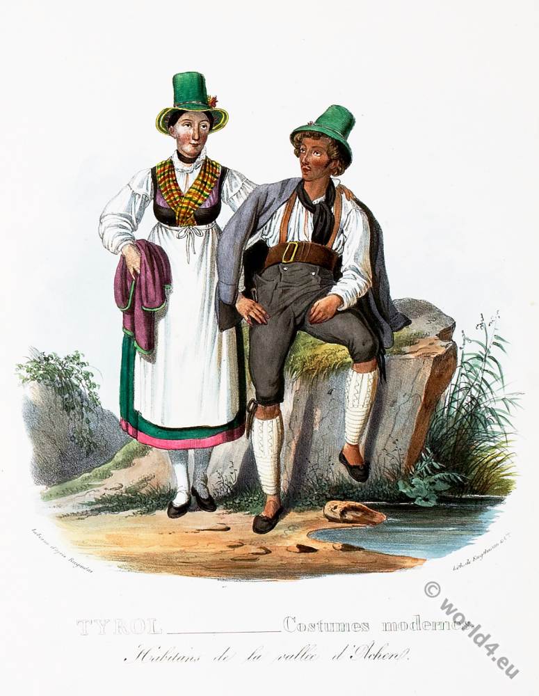 Tyrolean national costumes. Austrian traditional fashion. Achen folk dress.