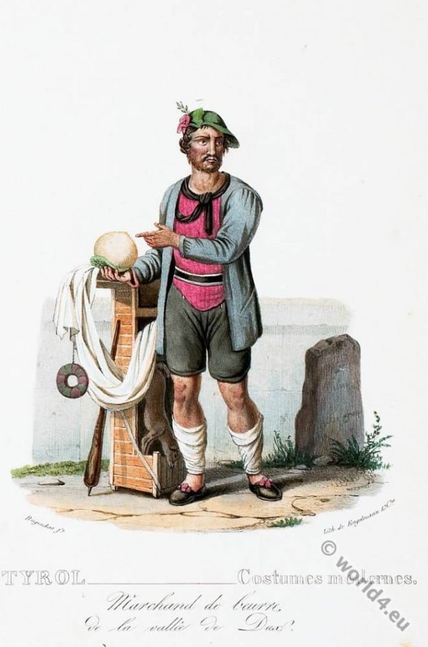 Tyrolean national costumes. Austrian traditional fashion. Joux Valley folk dress.