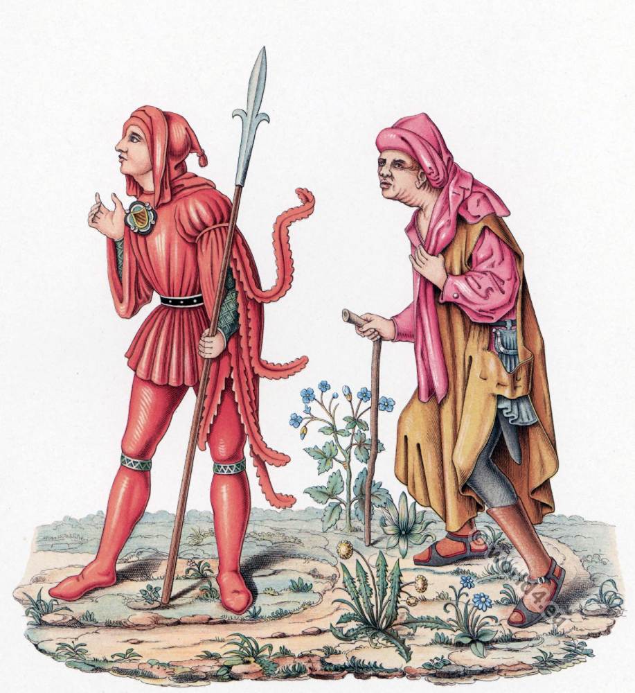 Court messenger, peasant costumes. 15th century fashion. Medieval gothic, burgundy fashion history.