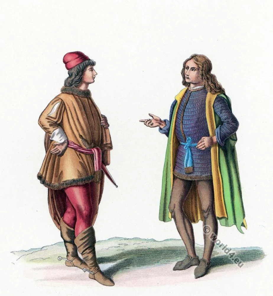 Italy Medieval fashion 15th century. Burgundy fashion era.