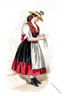 Traditional Swiss creamery costume. Switzerland, 19th century fashion.