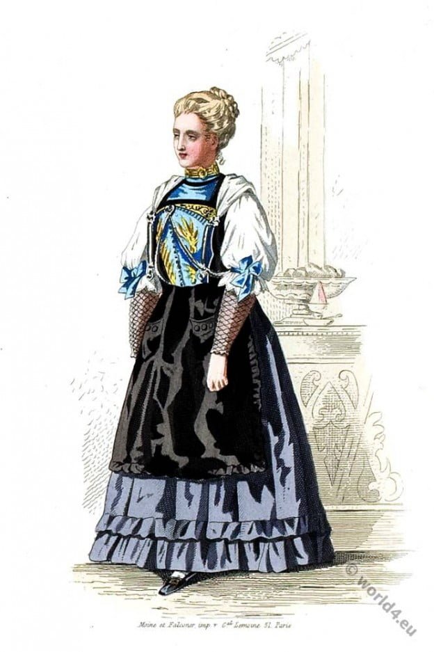 Swiss pastry shop costume. 19th century fashion