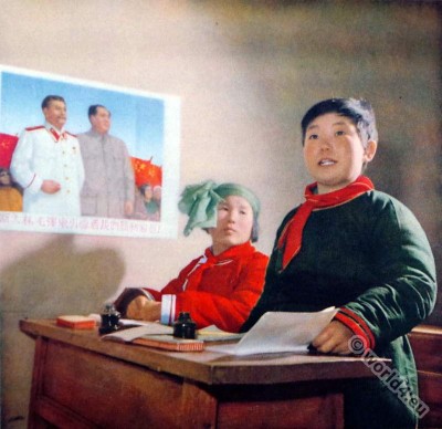 Mongolia school boy costume. China Communism. Propaganda.