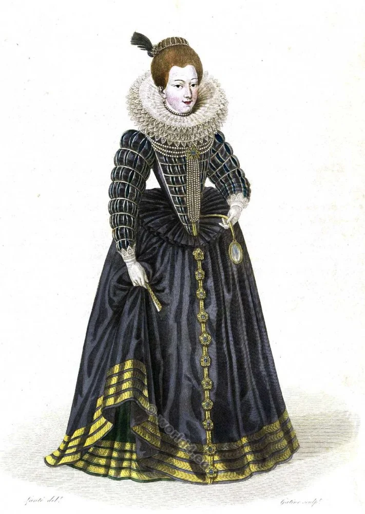 Gabrielle d'Éstreés, Duchesse de Beaufort. Mistress Henry IV. France 16th century fashion. Renaisaance costume history