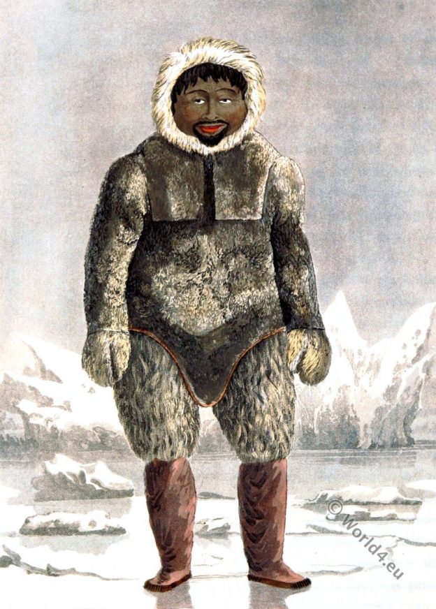 Greenland. Ervick, Inuit. Native, Arctic, Highlander, Prince Regents Bay, Dress, Costume, glaciers, ice, parkas, fur,