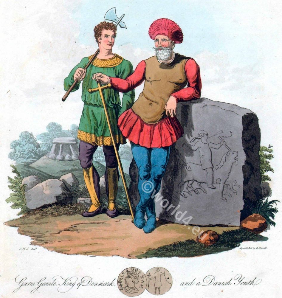 King of Denmark. Gorm the Old also called Gorm the Languid 10th century. Viking, Gorm, Old, Languid, Gamle, costumes, dress, amor