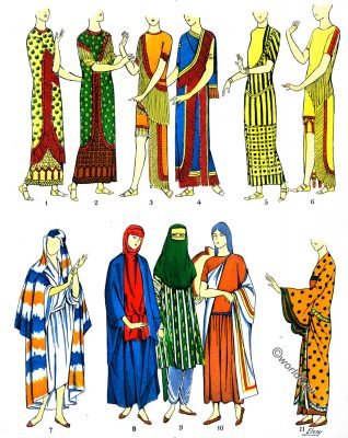 Mesopotamia. Luxurious Assyrian dresses, coats and shawls.