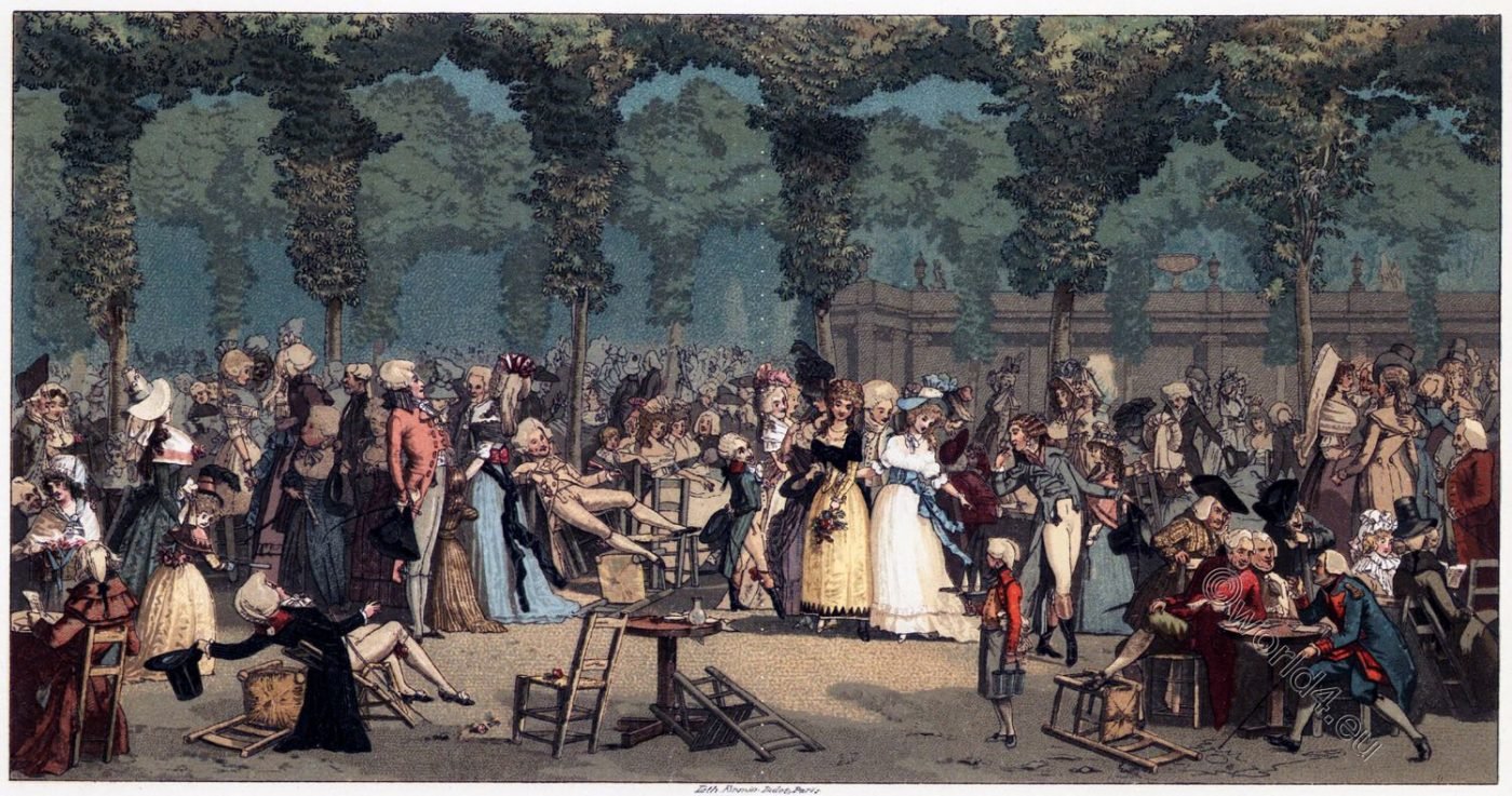 Promenade, publique, Palais-Royal, Société, parisienne, costume, mode, directoire