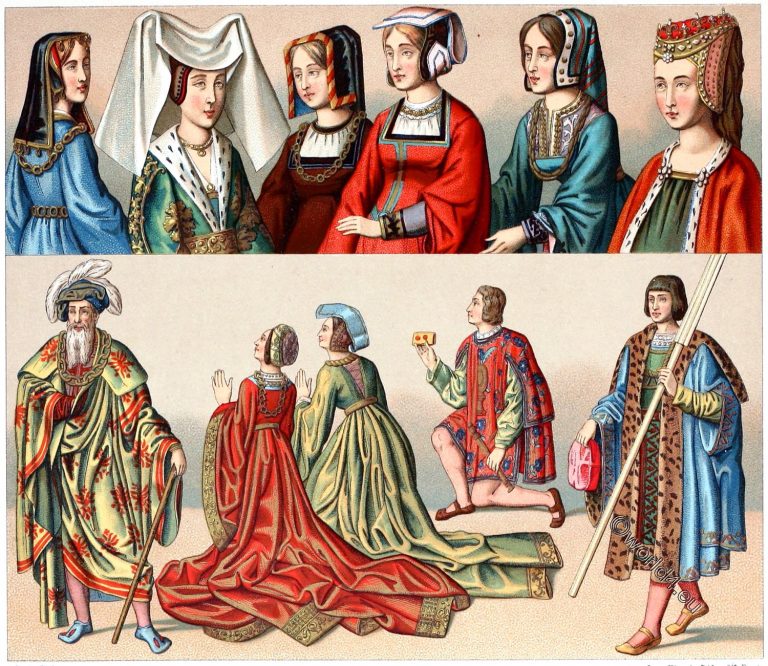 French bourgeois clothing from 1485-1510. Men's and women's hairstyle.