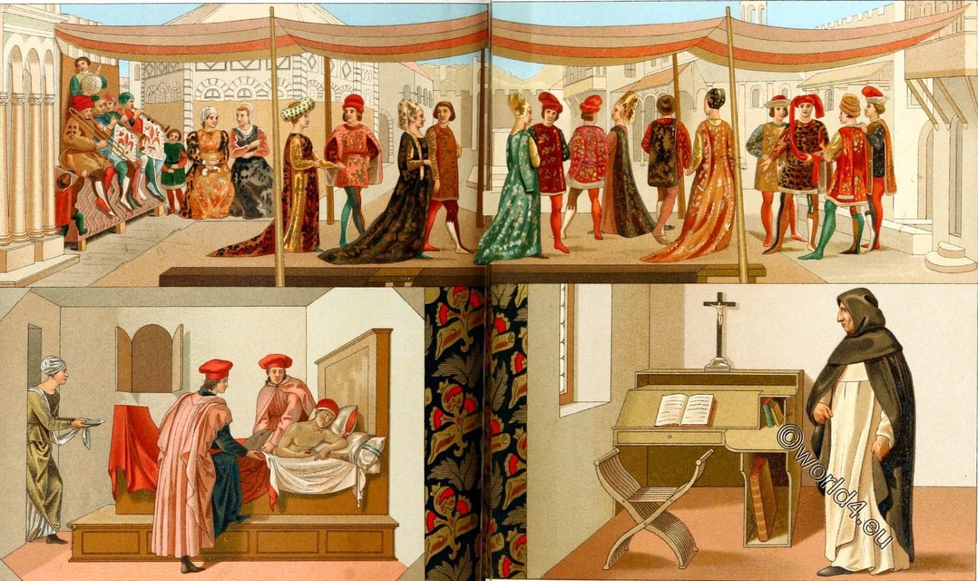 Italy, Bourgeois, ecclesiastical, costumes, Italian, Renaissance, fashion,Modes, Italiennes, Boccaccio