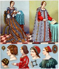 Italian fashion. Female costumes, Hairstyles and Headgear. 16th century.