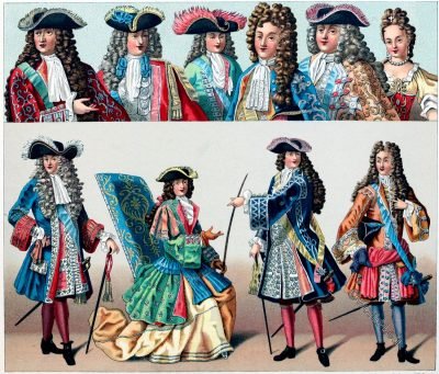 The characteristic features of the costume during the reign of Louis XIV.