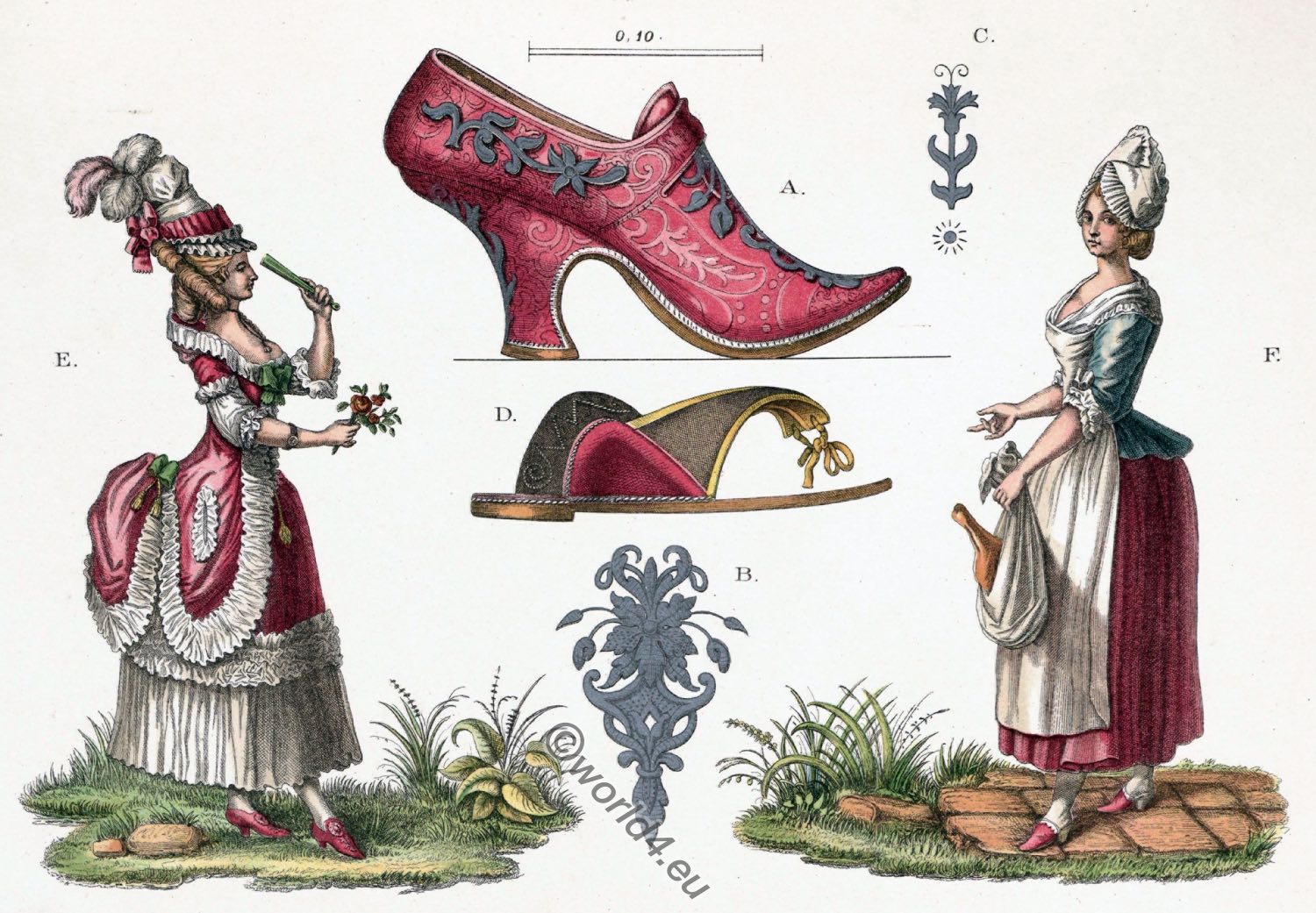 Shoe fashion with high heels and rococo costumes. 18th century.