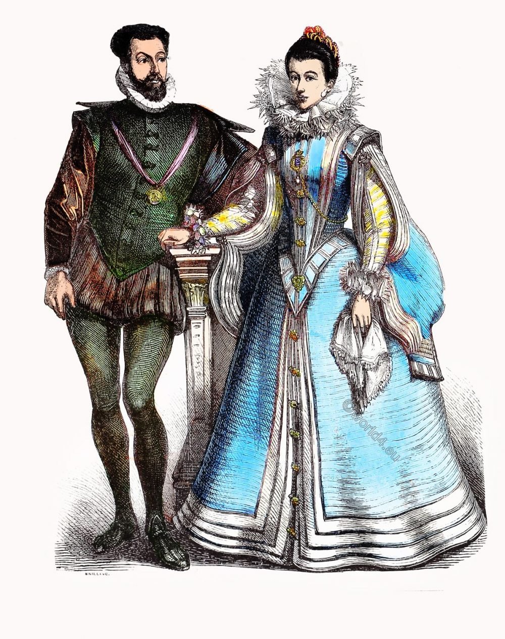 Poland nobility costumes. Renaissance period dresses in 1530.