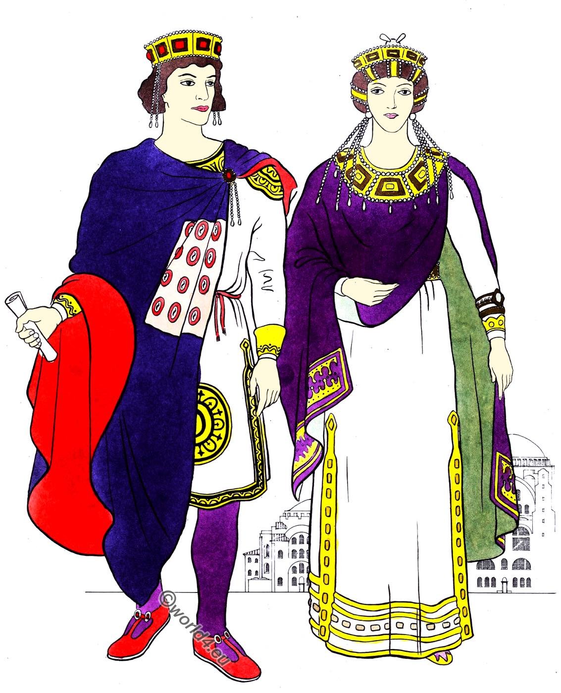 Costume variations of the Byzantine King and Queen. 400-1100 AD.