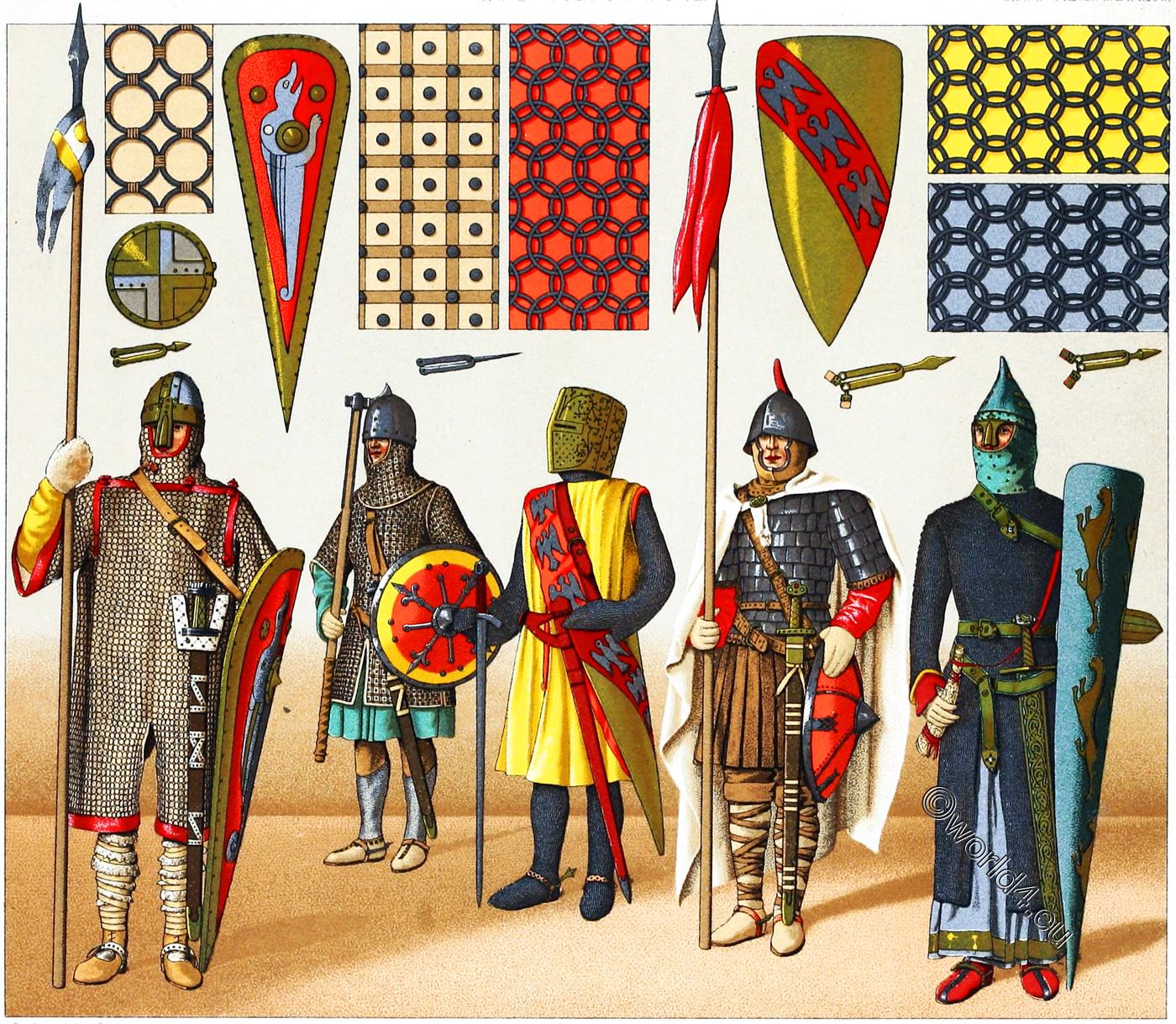 Armament. War costumes from the 9th to 13th century in France.
