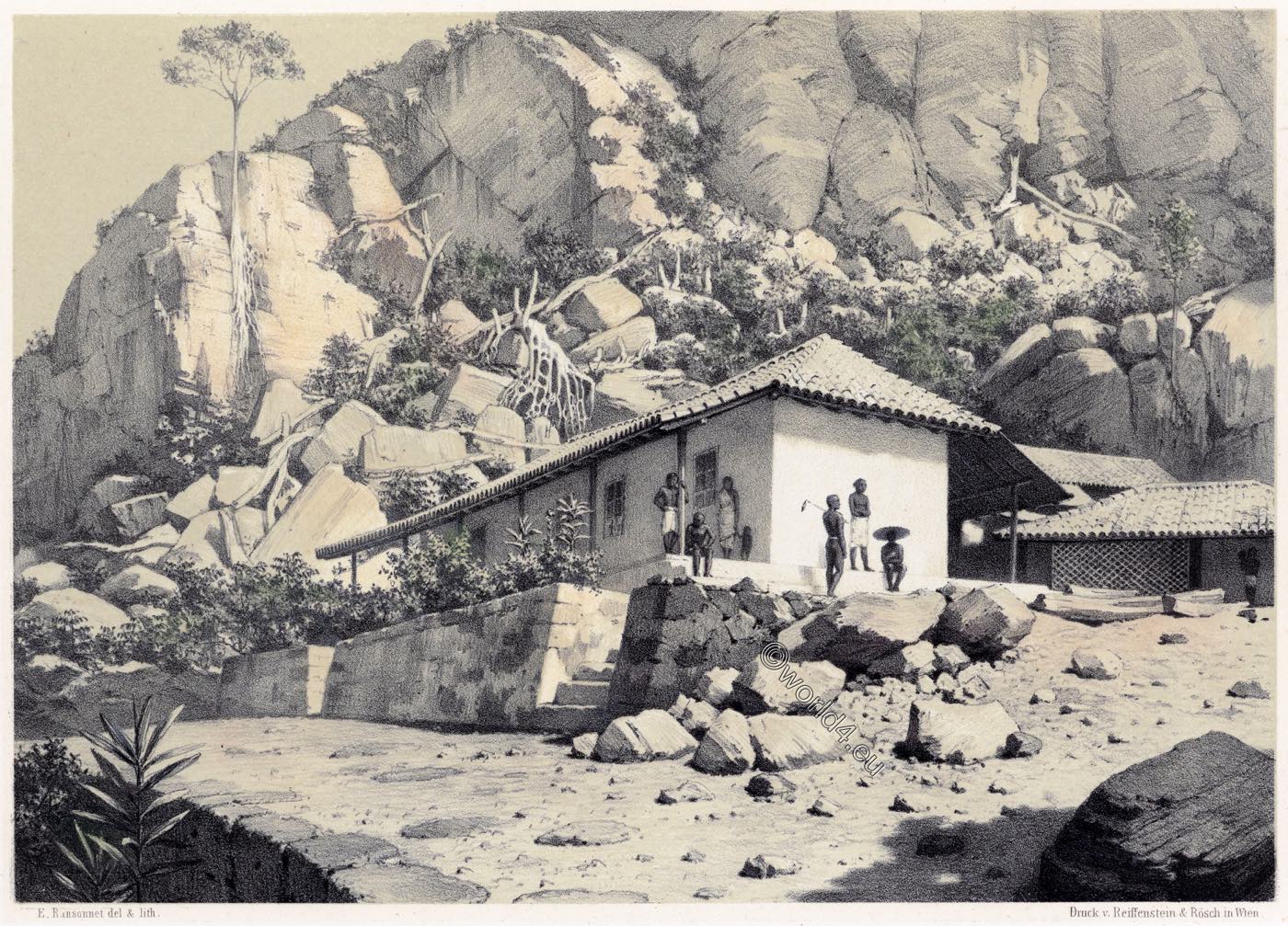Coffee planter in Laymastotte at the foot of bold crags. Sri Lanka 19th c..
