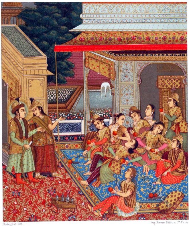 India, courtyard, Zuleikha, miniature, painting, Mughal, Empire, Auguste Racinet