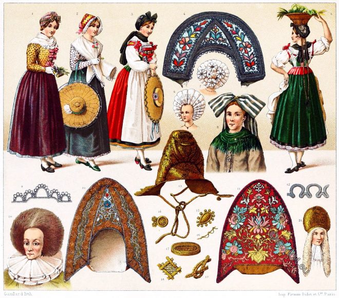 France, national, costumes, Alsace, bendel, Hairdresses, headgear,