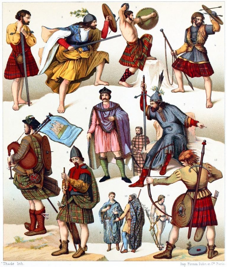 Historical Scottish national costumes. The different clans.